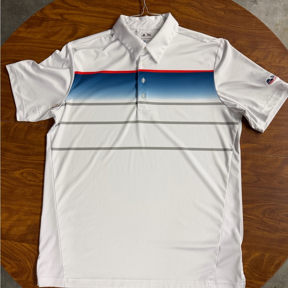 adidas White Polo with Blue Gradient and Red Accent